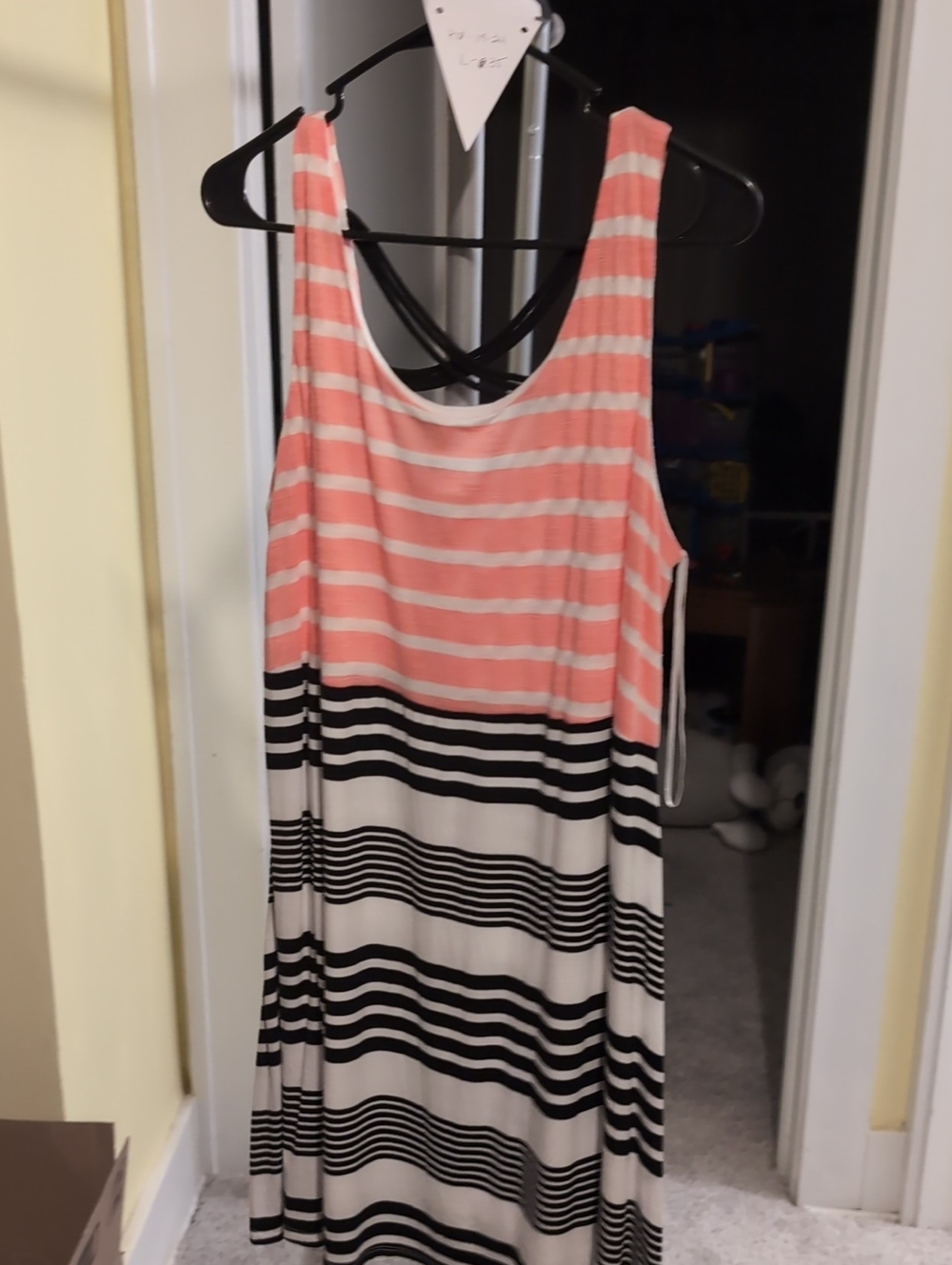 Hem & Thread Coral Pink, White & Black Striped Midi Dress